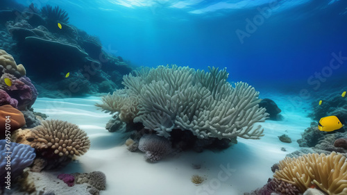 Underwater Scene - Tropical Seabed With Reef And Sunshine. Tropical blue ocean with white sand and stones underwater. Tranquil underwater scene with copy space
