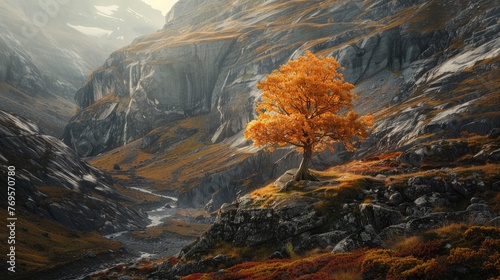 A lone tree stands amidst an autumn landscape on a mountain, symbolizing a sense of solitude and the journey back home.