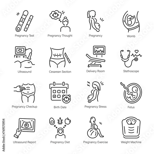Set of 16 Pregnancy Line Style Icons 

