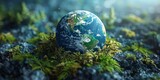 Earth globe on moss in forest, environmental conservation concept. Fragile planet in nature, protecting ecology and sustainable future.