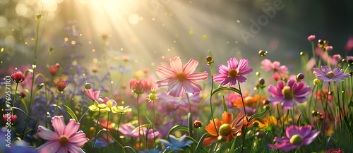 Colorful cosmos flowers in a meadow with sunlight, with a spring background. The artwork is in the style of spring background, Generative AI