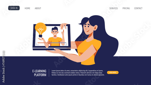 Woman with laptop watching video tutorial, webinar. Vector illustration for banner, website. Online education, e-learning, distance working, online training, online courses concept.