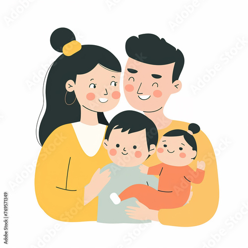 illustration of happy loving family, parents with kids, isolated flat vector modern parenthood illustration, mother, father and child, full of love and tenderness
