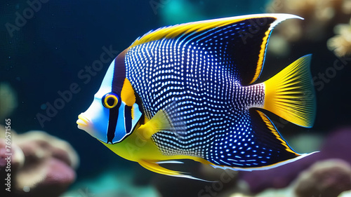 Queen angelfish (Holacanthus ciliaris), also known as the blue angelfish, golden angelfish or yellow angelfish underwater in sea with corals in background. Isolated closeup photo
