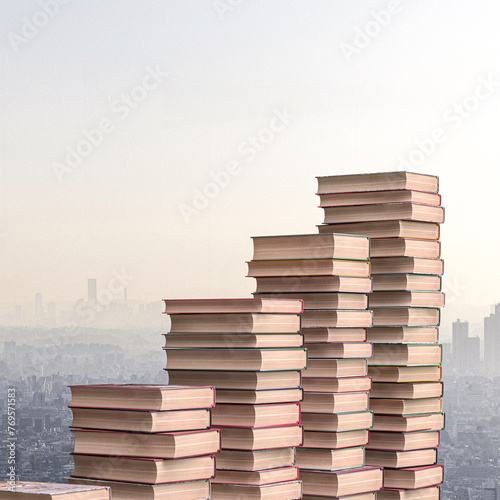 Stacked books with cityscape background