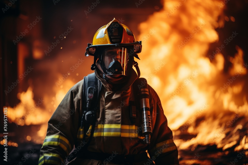 A high quality image of a firefighter in full gear wielding a hose to combat a blaze, with the focus on the firefighter amidst billowing flames and smoke.