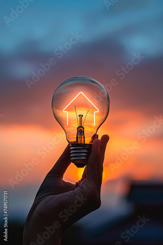 Light bulb shaped like a house in a woman’s hand against the sky