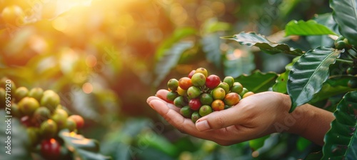 Farmer handpicking arabica and robusta coffee berries in agricultural harvest process photo