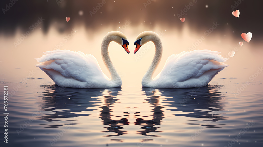 Fototapeta premium White swan, charming Valentine's Day background