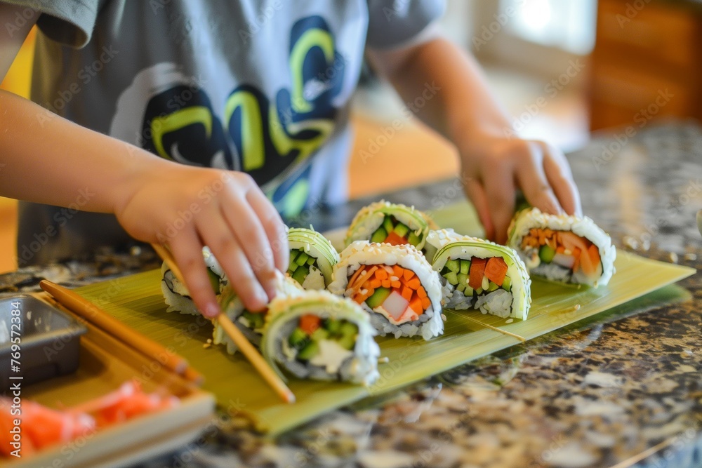 child preparing sushi rolls with colorful veggies inside