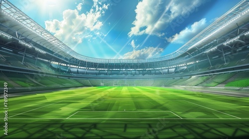 An illustrated image of a soccer stadium from a perspective view, featuring a green field. photo