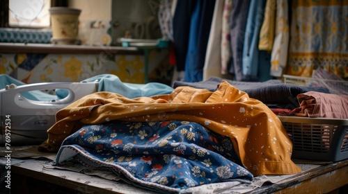 Clothes neatly piled on an ironing board, ready to be pressed. © Farda