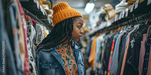 Shopping for Secondhand Clothes: A Young Woman's Experience. Concept Sustainable Fashion, Thrifting Tips, Budget-Friendly Fashion, Eco-Friendly Shopping
