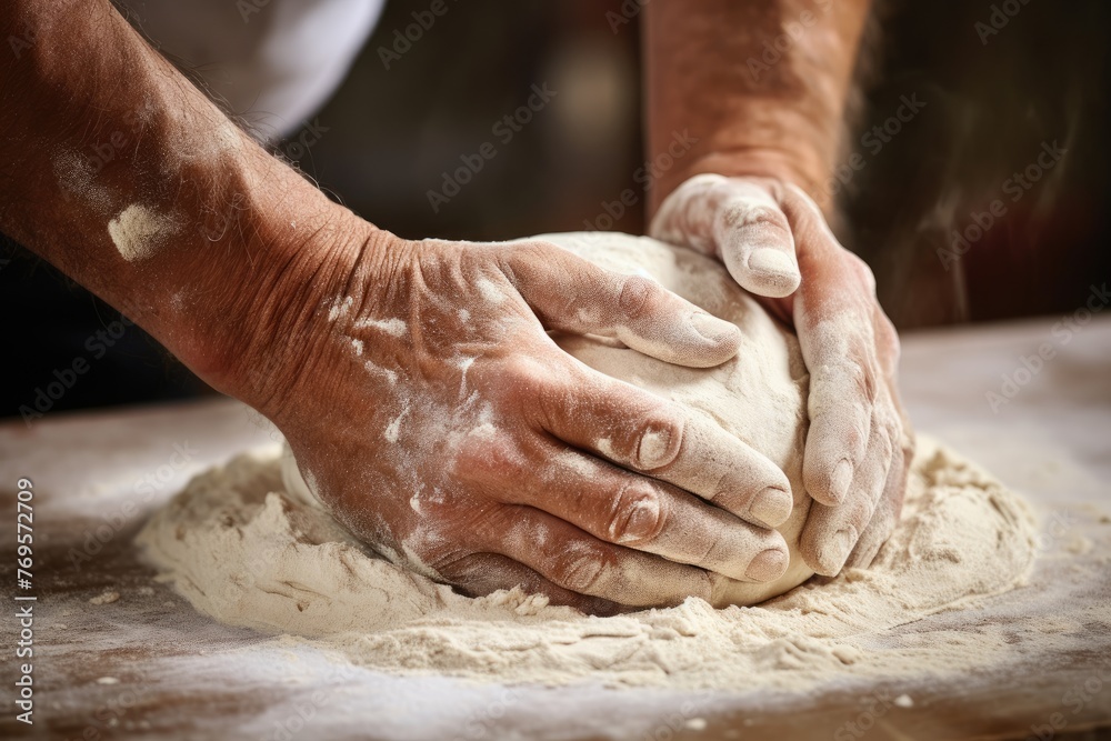 Close-up of a baker's hands kneading dough.
