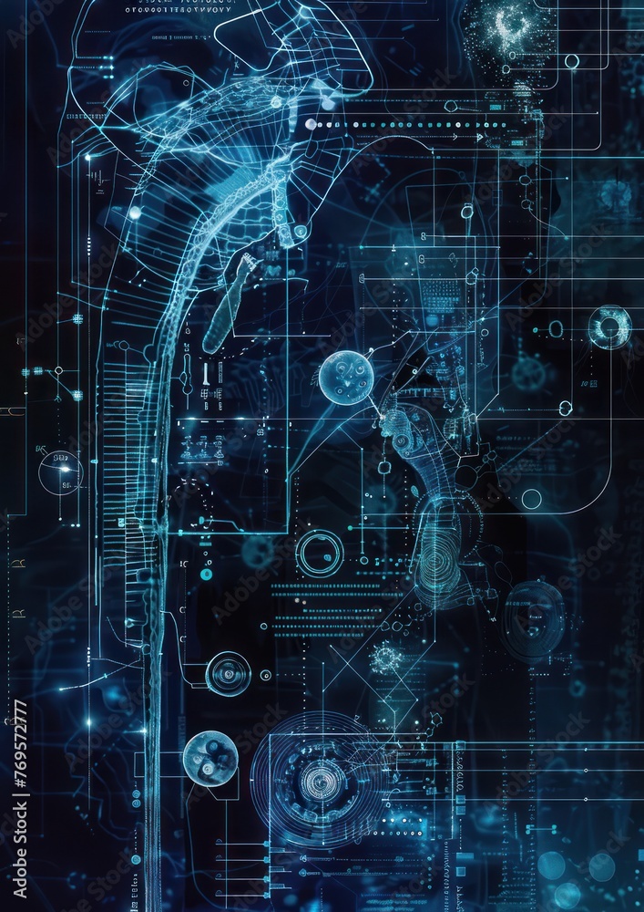 Cybernetic organism blueprint, abstract schematic of bio-tech fusion background , Generative AI