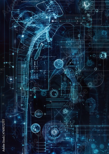 Cybernetic organism blueprint, abstract schematic of bio-tech fusion background , Generative AI