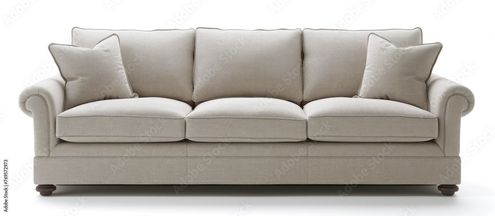 Obraz premium Cozy three-seat fabric sofa on a white background
