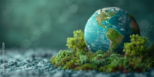 Planet Earth with green trees and moss growing on rocky surface against blurred background. Concept of global ecology, climate change, environmental protection, and sustainability