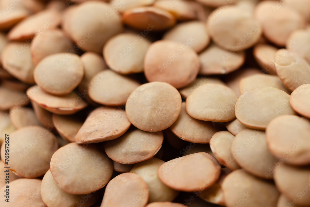 Uncooked brown lentils background. Dry brown lentil grains. Top view. Close-up Uncooked brown lentils background. Dry brown lentil grains. Top view. Close-up