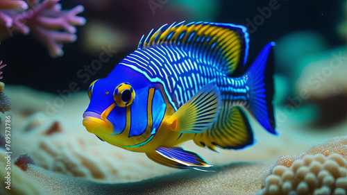 Exotic blue and orange fish in an aquarium, Synchiropus splendidus, mandarinfish in a tank with coral photo