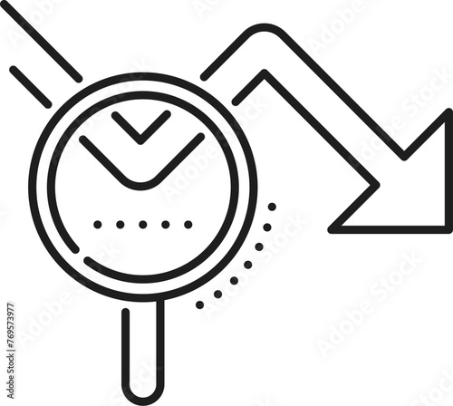 Economic crisis icon, analysis of global market economy downturn and bankruptcy, vector line symbol. Magnifier and arrow down icon of stock exchange and economical index decrease of financial crisis