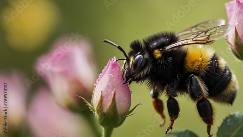 Bumblebee on a pink rose in the garden flies near a pale pink rose on a sunny day