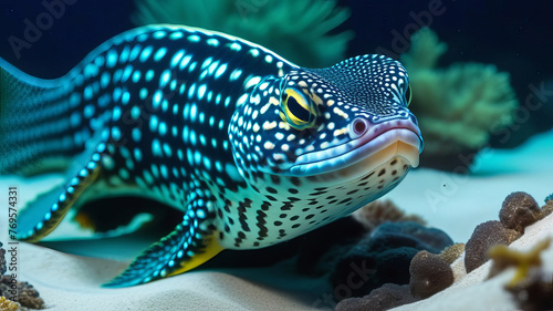Enchelycore pardalis, commonly called Leopard moray eel or Dragon moray isolated closeup, underwater life. Tropical fish Murena, latin name Murena Helena, in aquarium © Александр Ткачук