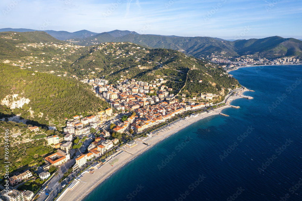 Celle, Ligure - Italy - Aerial view of the beautiful Italian mediterranean village of Finale Ligure at sunrise