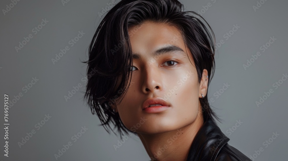 Portrait of a Handsome Asian Man with Wavy Hair in Leather. Generative AI. Portrait of a Handsome Asian Man with Wavy Hair in Leather. Generative AI.