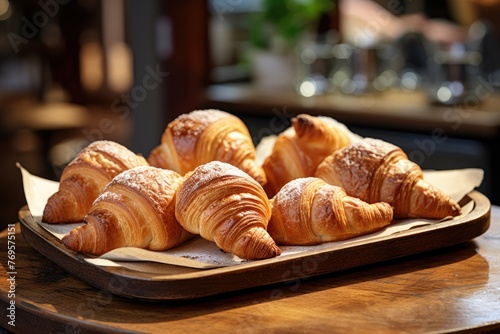 Selective focus on a tray of freshly baked croissants.