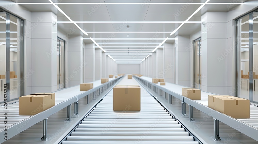 Fototapeta premium Wide angle of a conveyor system in a clean and modern warehouse.