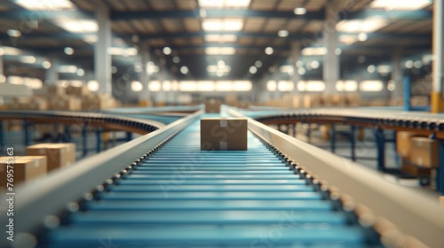 Perspective view of a box on a conveyor belt in a warehouse with ambient lighting.