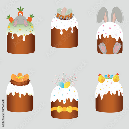 Set of different cartoon Easter pies.Vector illustration.