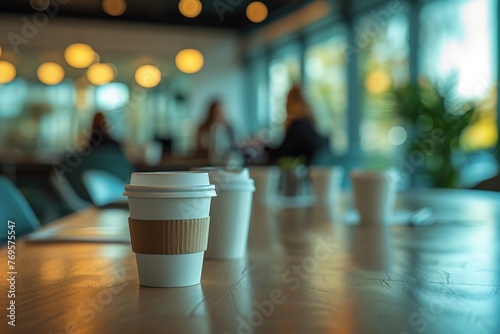 Group of people at a table with two coffee cups in foreground, focused on a discussion