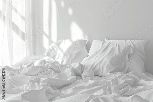 Messy bed with crumpled white sheets and pillows, minimalist background, digital illustration photo