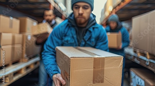 Focused delivery worker handling a package from a van.
