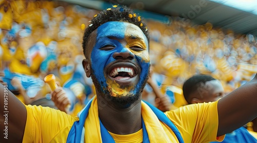 Joyful man with blue and yellow face paint cheering at a sports event.