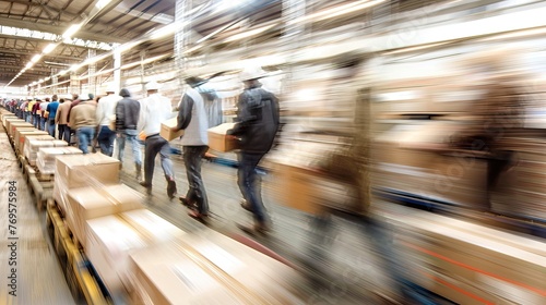 Blurred motion of workers in a line inside a busy warehouse.