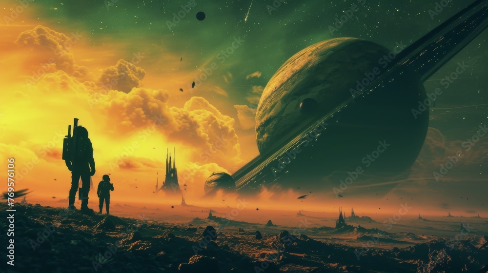 A science fiction landscape depicting two silhouetted figures gazing at a vast sky with distant planets, rings, and a vibrant nebula at sunset. - obrazy, fototapety, plakaty 