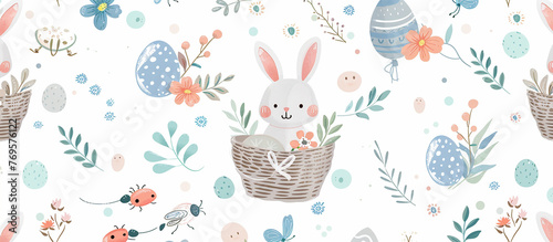 Cute baby Easter wallpaper with different bunny designs like bunnies with baskets of flowers and Easter eggs. Color scheme of pastel calm soft blue flowers,blue dots,green plants,light gray balloons