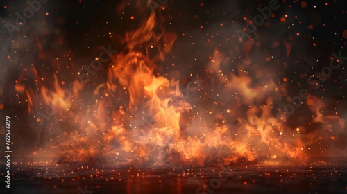 Orange sparks and flames on a smoky background, creating a realistic bonfire effect. Isolated and transparent, it adds heat and glow to any design.
