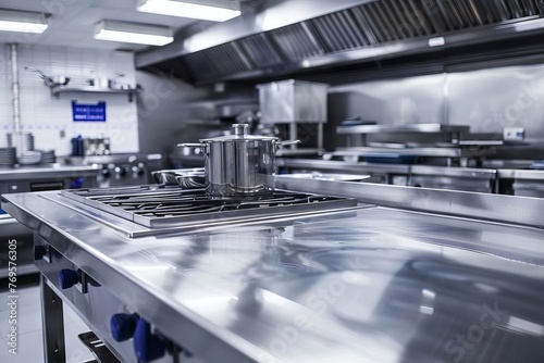 Modern professional stainless steel kitchen counter and equipment in restaurant or catering service, interior view