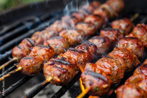 Italian sausage on a skewer being barbecued, a tasty grilled dish for outdoor gatherings