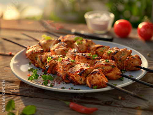 Turkey kebab on a plate, served on a wooden table. Bright morning light. 