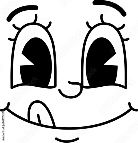 Cartoon funny comic groovy face with licking lips emotion and retro cute emoji character. isolated vector smile with sticking tongue. Yummy food tasting, satisfaction, pleasure facial expression