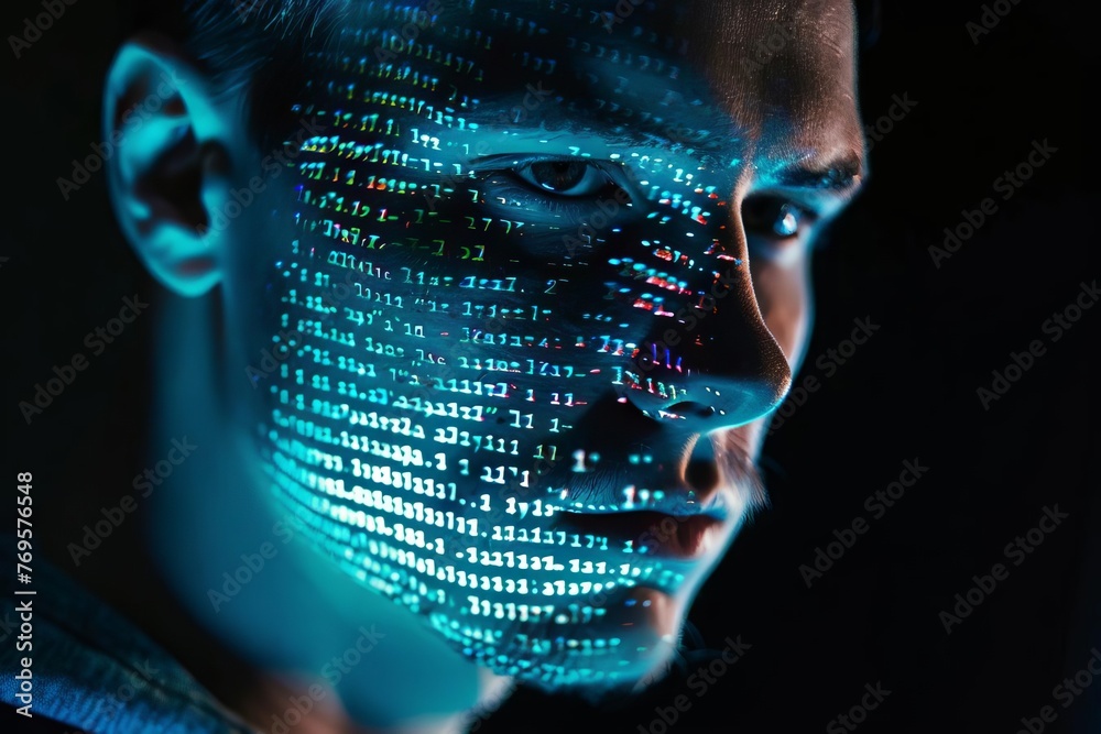 Mysterious hacker with binary code projected on face, dark background. Dramatic digital art portrait Mysterious hacker with binary code projected on face, dark background. Dramatic digital art portrait