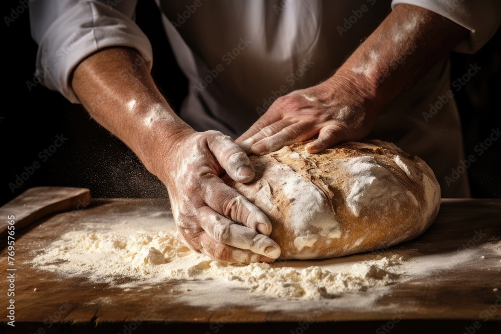 Close-up of a baker's hands shaping artisan bread.