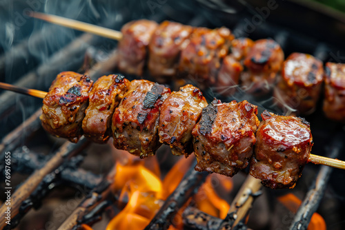 Italian sausage on a skewer being barbecued, a tasty grilled dish for outdoor gatherings