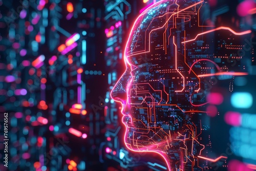 Neon Human Head with Circuit Board Brain, Artificial Intelligence Concept, Digital Illustration