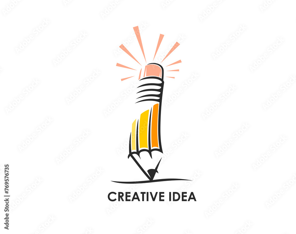 Obraz premium Creative idea pencil icon, symbol of education and design. Isolated vector emblem, represents artist inspiration, genius innovation, knowledge or eureka sign. Wooden pencil with bright glowing eraser
